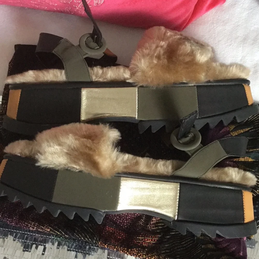 FARM Rio Faux Fur Platform Sandals - Black, Tan, and Gold - Picture 3 of 5